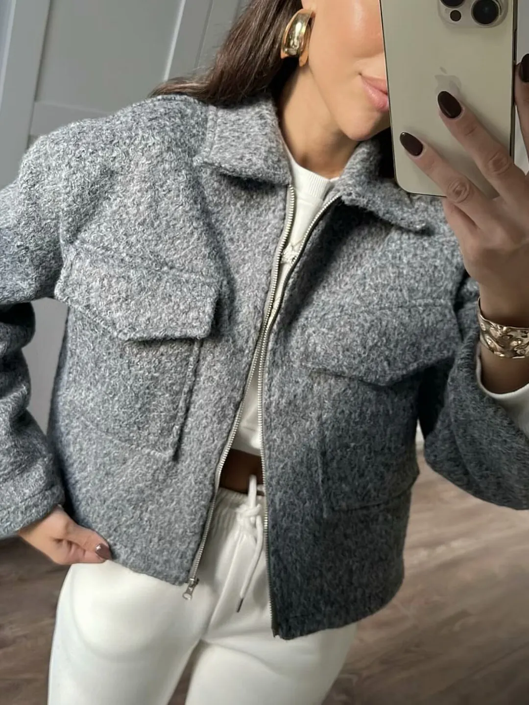 Nigikala Nigikala Spring/Autumn Festival New Women's Collar Large Pocket Zipper Short Long-Sleeved Jacket B88684