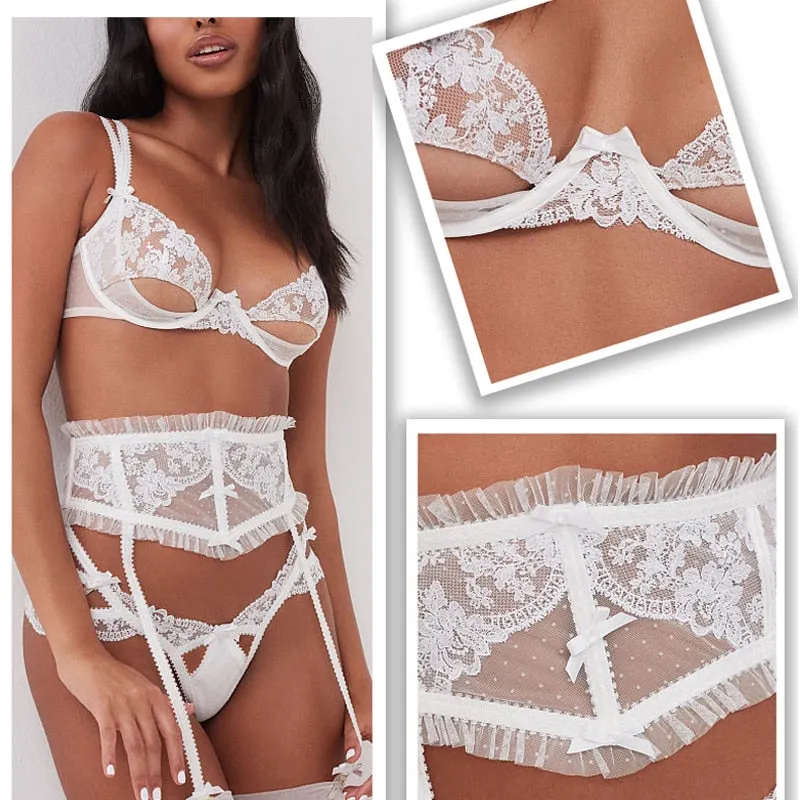 Transparent Underwear Set Women Sexy Lace Embroidery Push Up Bra See Through Lingerie White Wedding Bra+Garters+Thong 3piece Set