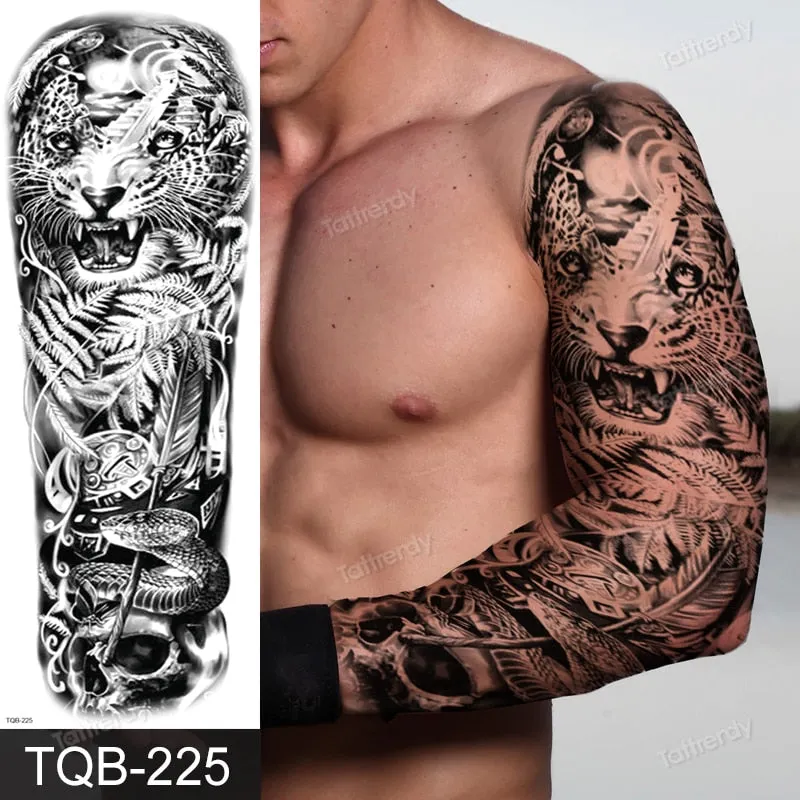 skull sleeve tattoo designs large full arm temporary tattoos for men boy tatoo fake waterproof tiger totem lion dragon pattern