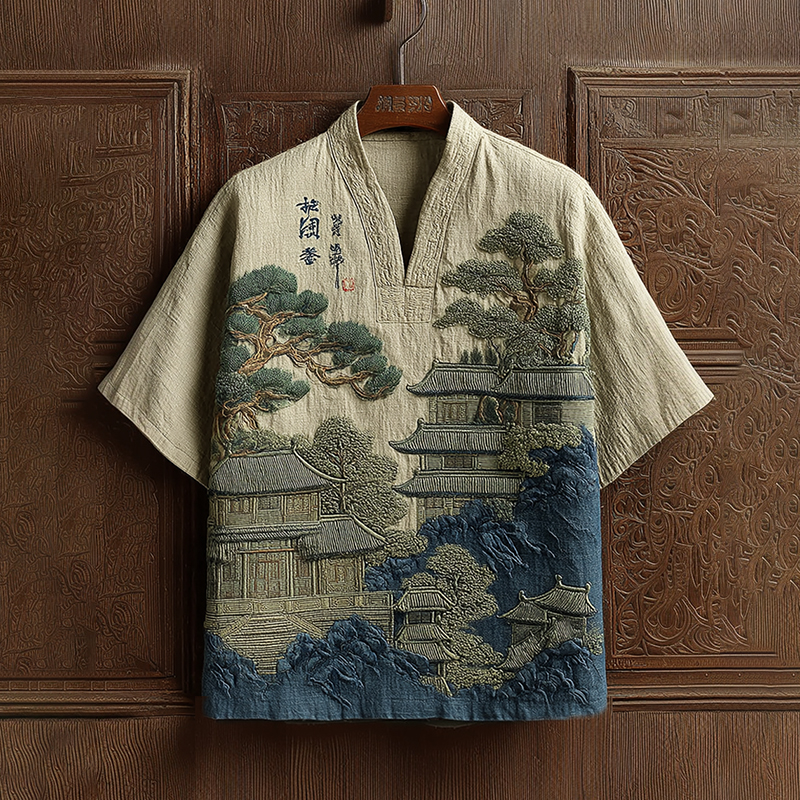 Men's Vintage Japanese Landscape Embroidery Casual V Neck Shirt