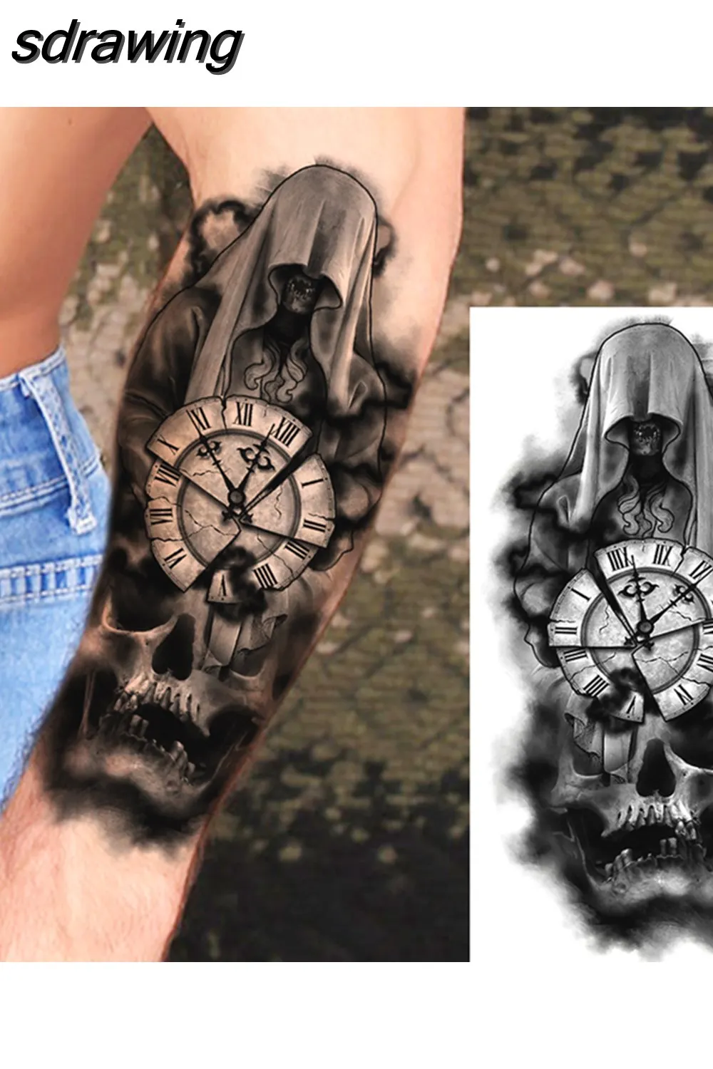 sdrawing Realistic Black Devil Temporary Tattoos For Men Adult Tiger Pirate Skeleton Vampire Fake Tattoo Forearm Scary Tatoo Joker