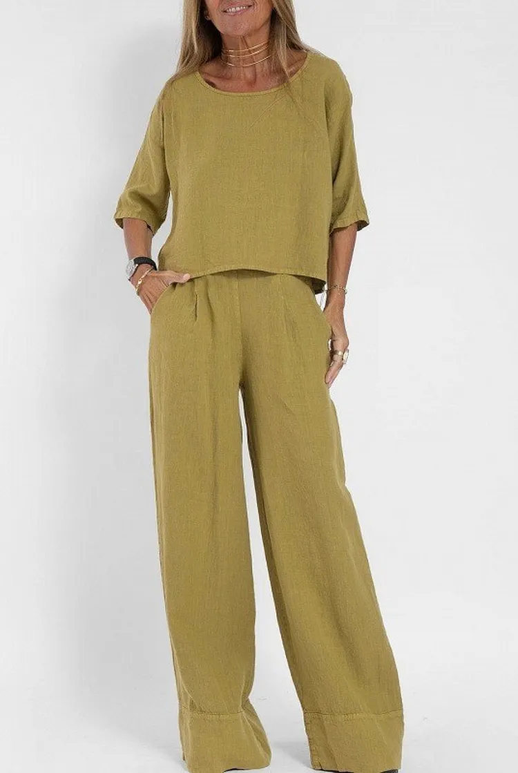 Spring Summer Linen Blend Women's Outfit Set with Pockets
