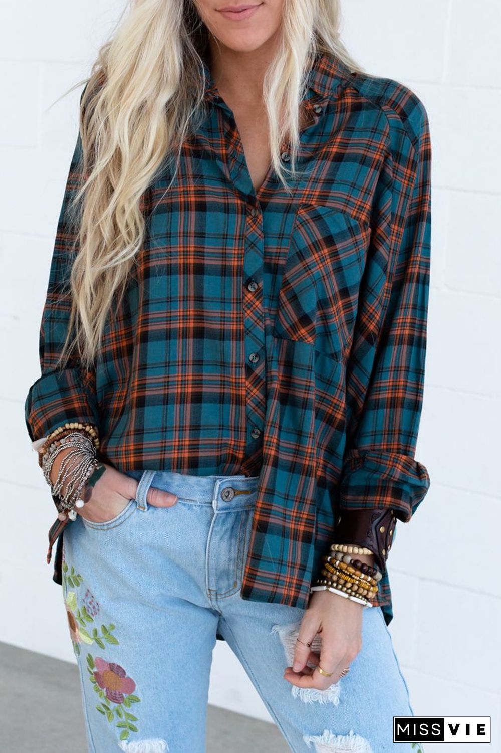 Casual Colorful Plaid Lapel Blouse