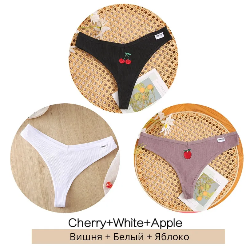FINETOO 3Pcs/set Cotton Thongs Women Fruit Embroidery G-string Panties M-XL Low Waist T-back Underpants Ladies Underwear Panty