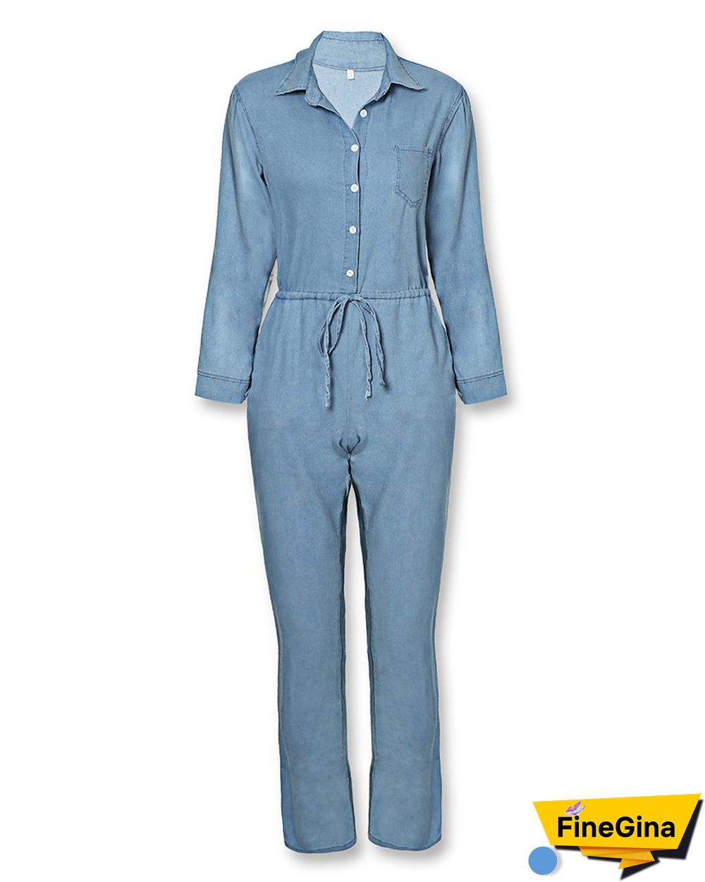 Pocket Design Drawstring Denim Jumpsuit