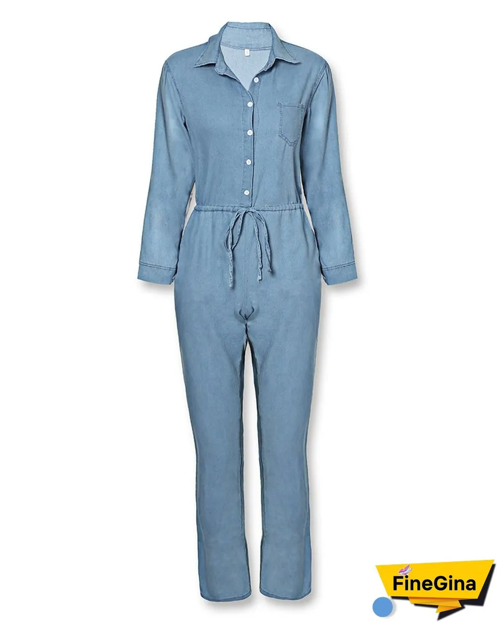 Pocket Design Drawstring Denim Jumpsuit