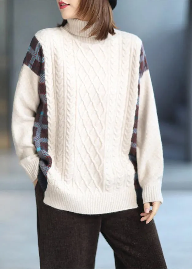 For Spring Spring White Sweaters Loose Fitting High Neck Patchwork Tops