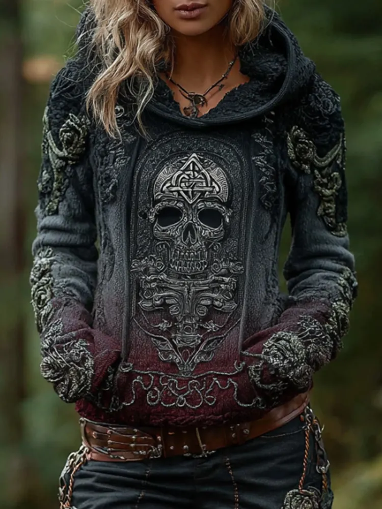 Women's Vintage Skeleton Celtic Triangle Gradient Hooded Sweater