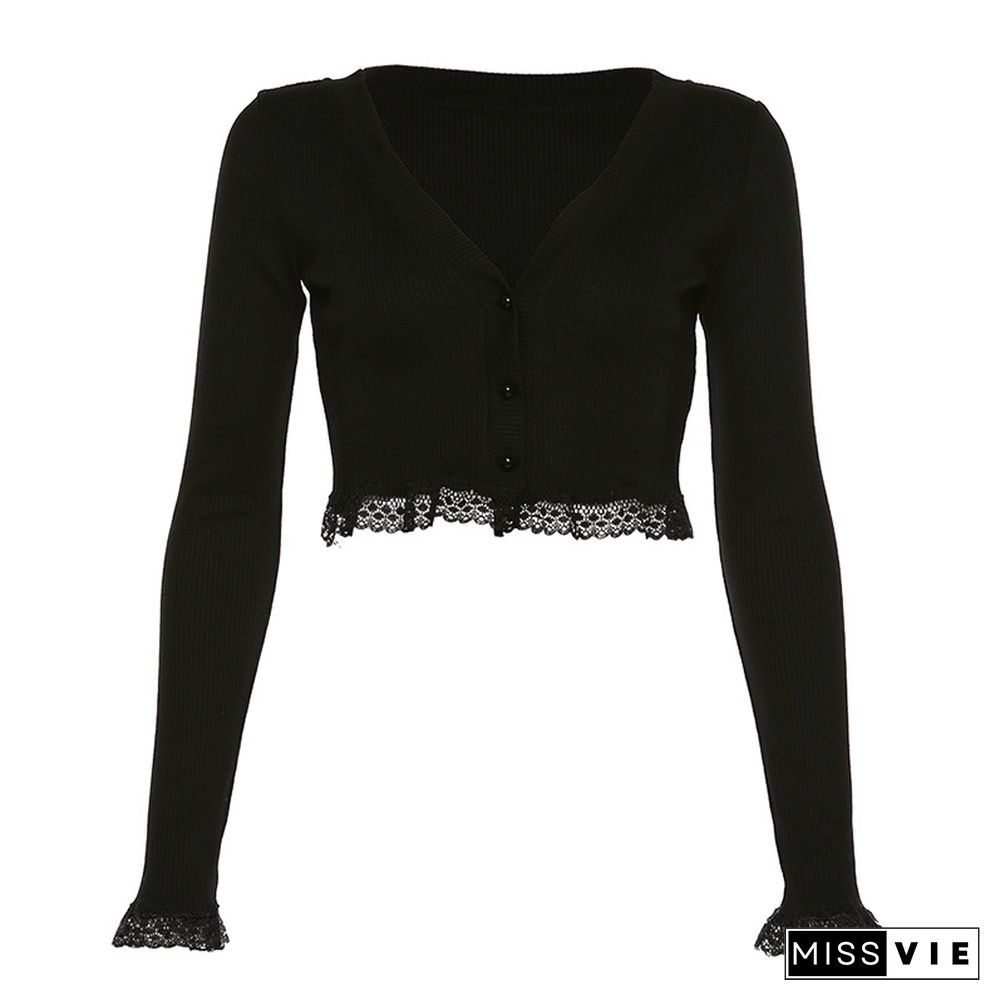 V-neck Long Sleeve Cardigan Lace Crop Top