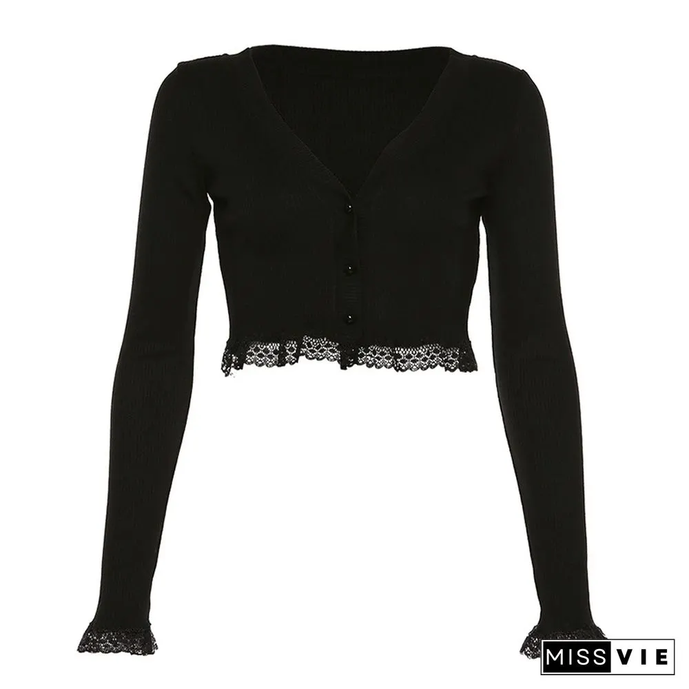 V-neck Long Sleeve Cardigan Lace Crop Top