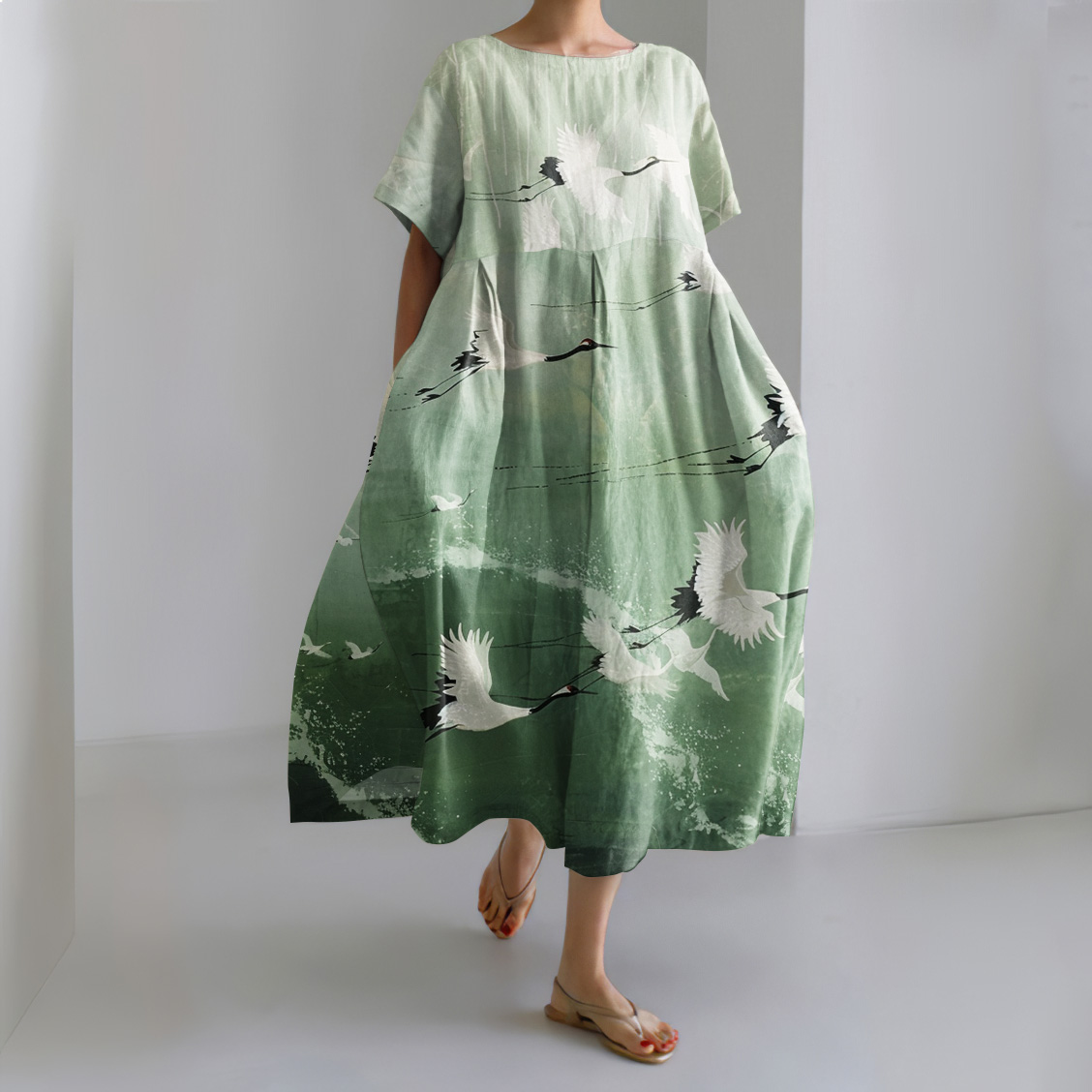 Japanese Art Crane Print Round Neck Short Sleeve Casual Midi Dress