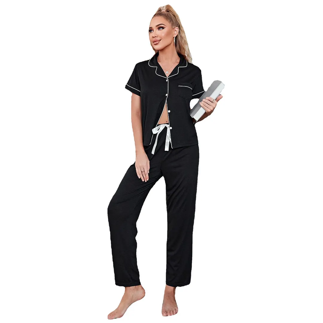Nigikala Nigikala Female Spring Autumn Cardigan Short Sleeve Long Pajama Pants Home Suit