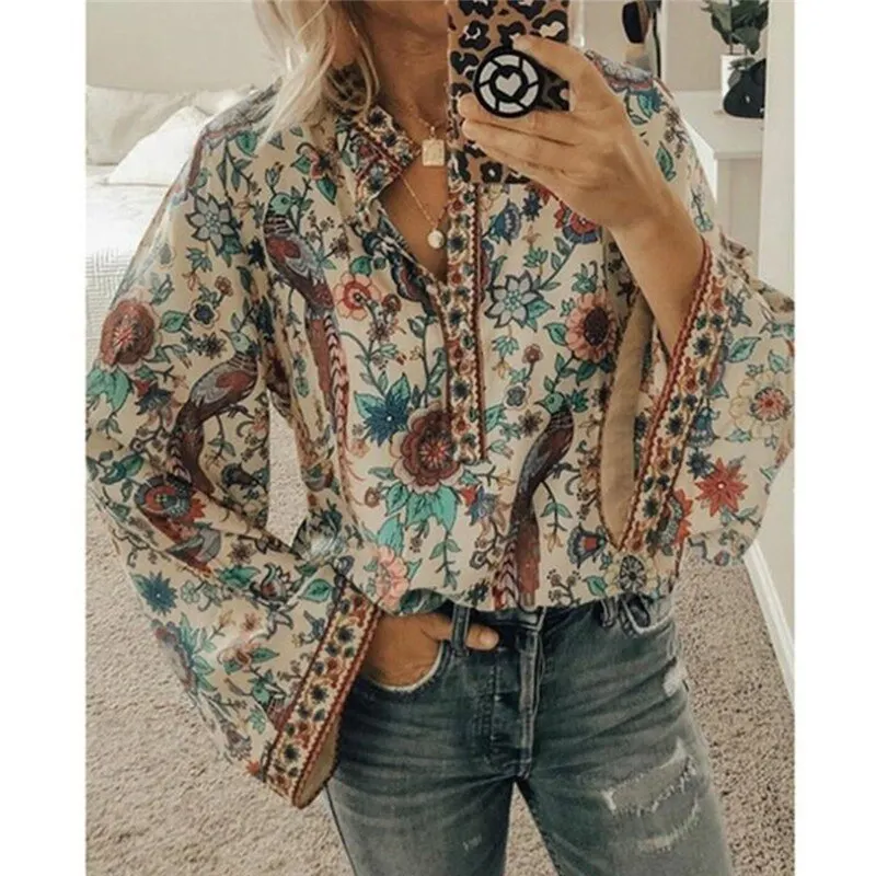 GAOKE Women Tops And Blouses Long Sleeve Bohemian Beach Loose Female Shirt Blouse Boho Fashion V Neck Lady Top Blusas