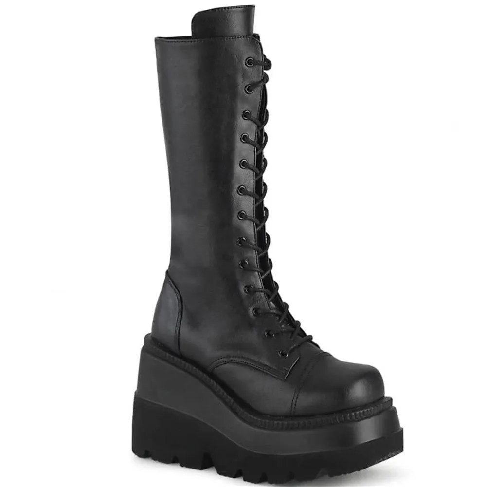 2021 Big Size 43 Gothic Style Black Wedges High Heels Platform Trendy Cool Autumn Winter Motorcycles Boots Shoes Women Footwear 1026-1