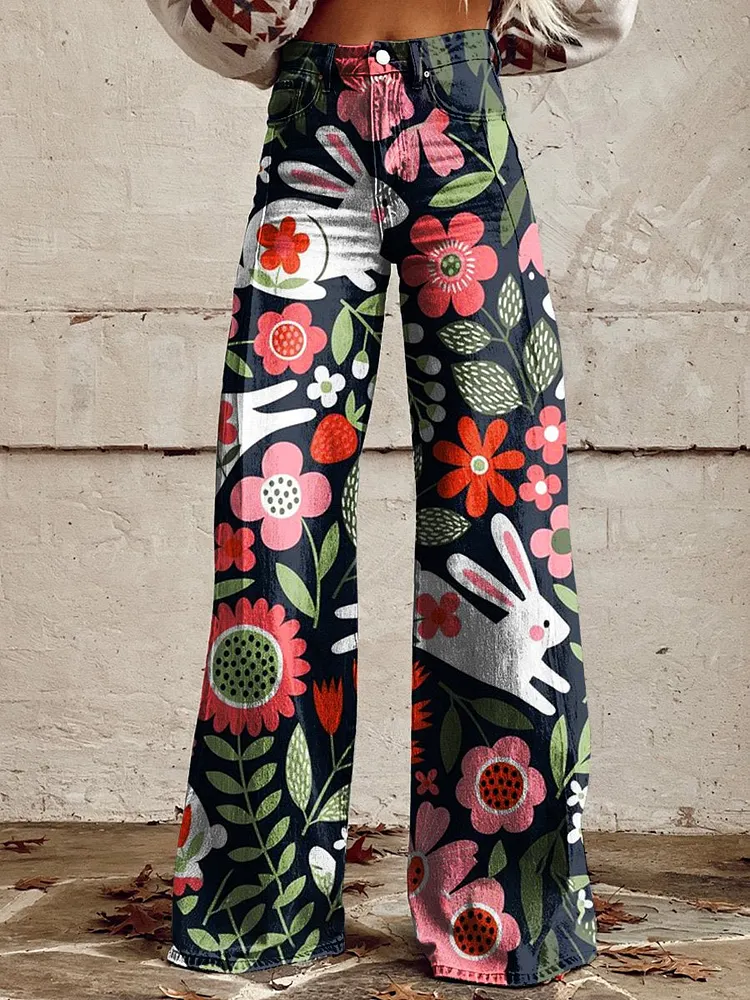 Women's  Rabbit  Flower Art Print Casual Wide Leg Pants