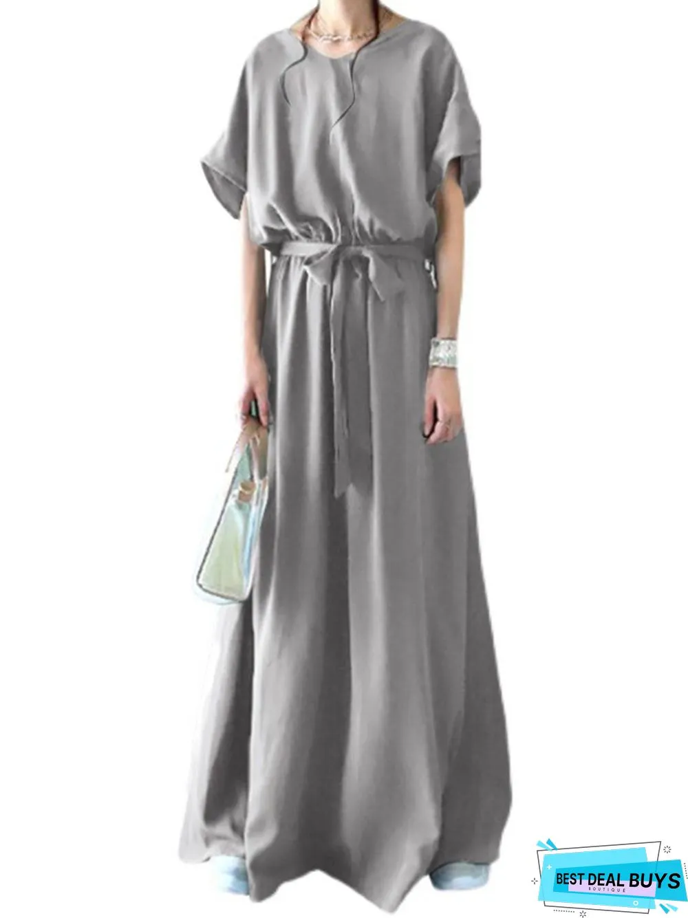 V-Neck Lace Up Waist Closed Short Sleeve Large Swing Loose Extra Long Floor Skirt Dress