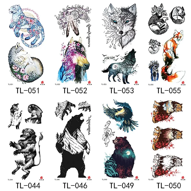1~8 pieces of animal plants wolf bear bird art tattoo stickers disposable waterproof temporary tattoo stickers for men and women