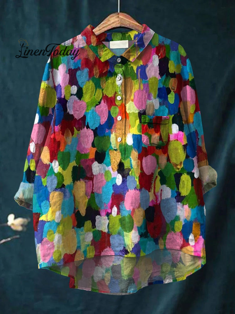 Women&rsquo;s Colorful Painting Art Print Casual Cotton And Linen Shirt Multicolor / S