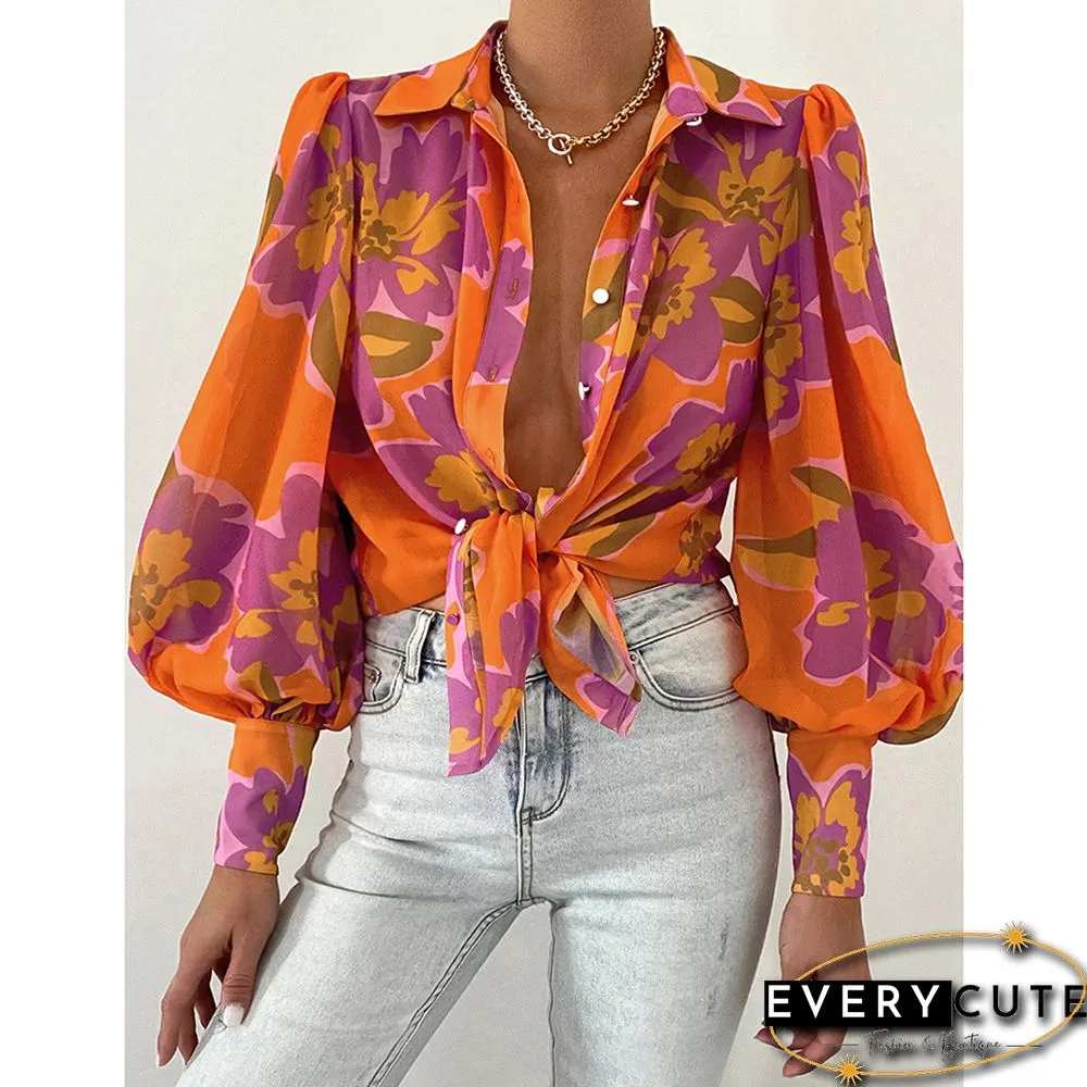 Orange Floral Chiffon Lantern Long Sleeve Blouse
