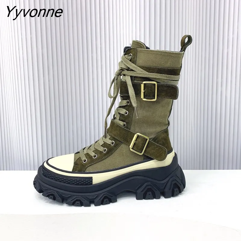 Yyvonne Women Boots Canvas Round Toe Mid Heel Boots for Woman Fashion Platform Lace Up Shoes  Women's Combat BootsBotas Mujer Size 35-40