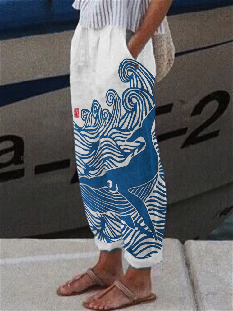 Whale & Waves Japanese Lino Art Casual Pants