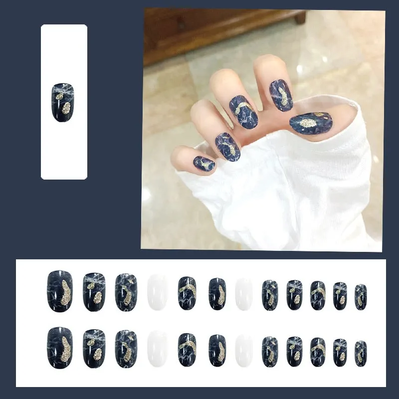 24pcs/box Blue Dye With Sequins Decorated press on nail tips Frosted Square Head Short Wearable Full Cover fake nails with glue-Nail Inspo