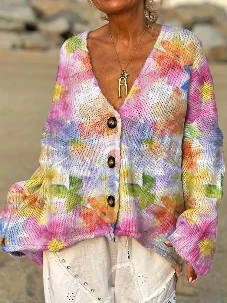 Women's Artistic Watercolor Flowers Casual Pullover Sweater