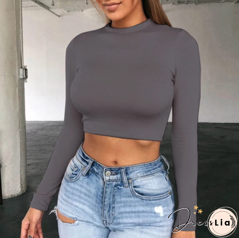 Casual Solid O-Neck Long Sleeve Crop Top Women Side Drawstring Ruched White T-Shirt Female Tee Shirt Top For Women Clothing