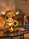 LED 3D Animal Night Lamps Sunflower Highland Cow Table Lamp Cute Bedside Decorations Lamp USB Handcrafted Stained Glass Night Light for Living Room Desk Decor