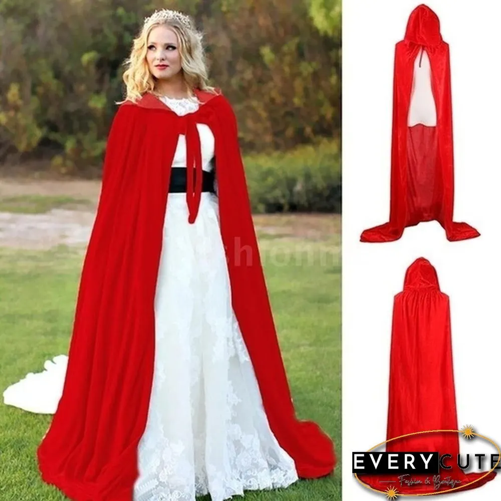Adult Hooded Cloak Long Velvet Cape Robe Green Black Red Halloween Carnival Purim Coats Medieval Witch Wicca Vampire Costume