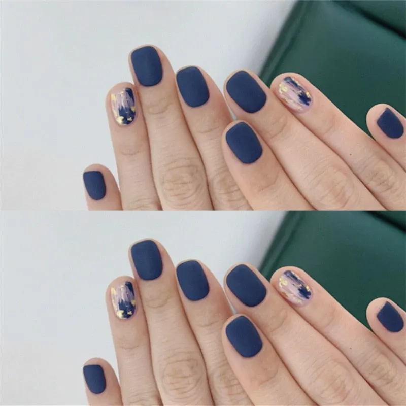 24pcs/box Blue Dye With Sequins Decorated press on nail tips Frosted Square Head Short Wearable Full Cover fake nails with glue-Nail Inspo