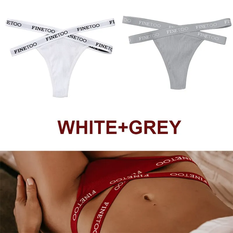 FINETOO 2PCS/Set Women's Cotton G-string Sexy Cross Strap Panties Letter Waisted Underwear Thongs Femme Hollow Out Lady Briefs