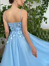 Sky Blossom Baby Light Pale Blue Prom Dress 3D Flowers Floral Applique Thin Spaghetti Strap Tulle A Line High Leg Split Formal Sweetheart