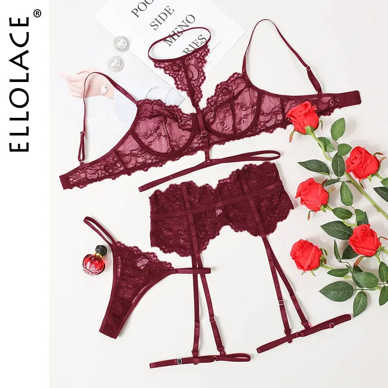 Ellolace Sensual Lingerie Sexy Lace Halter Erotic Costumes 4-Piece Underwire Bra Thongs Exotic Set Garters Intimate Bottom Whore