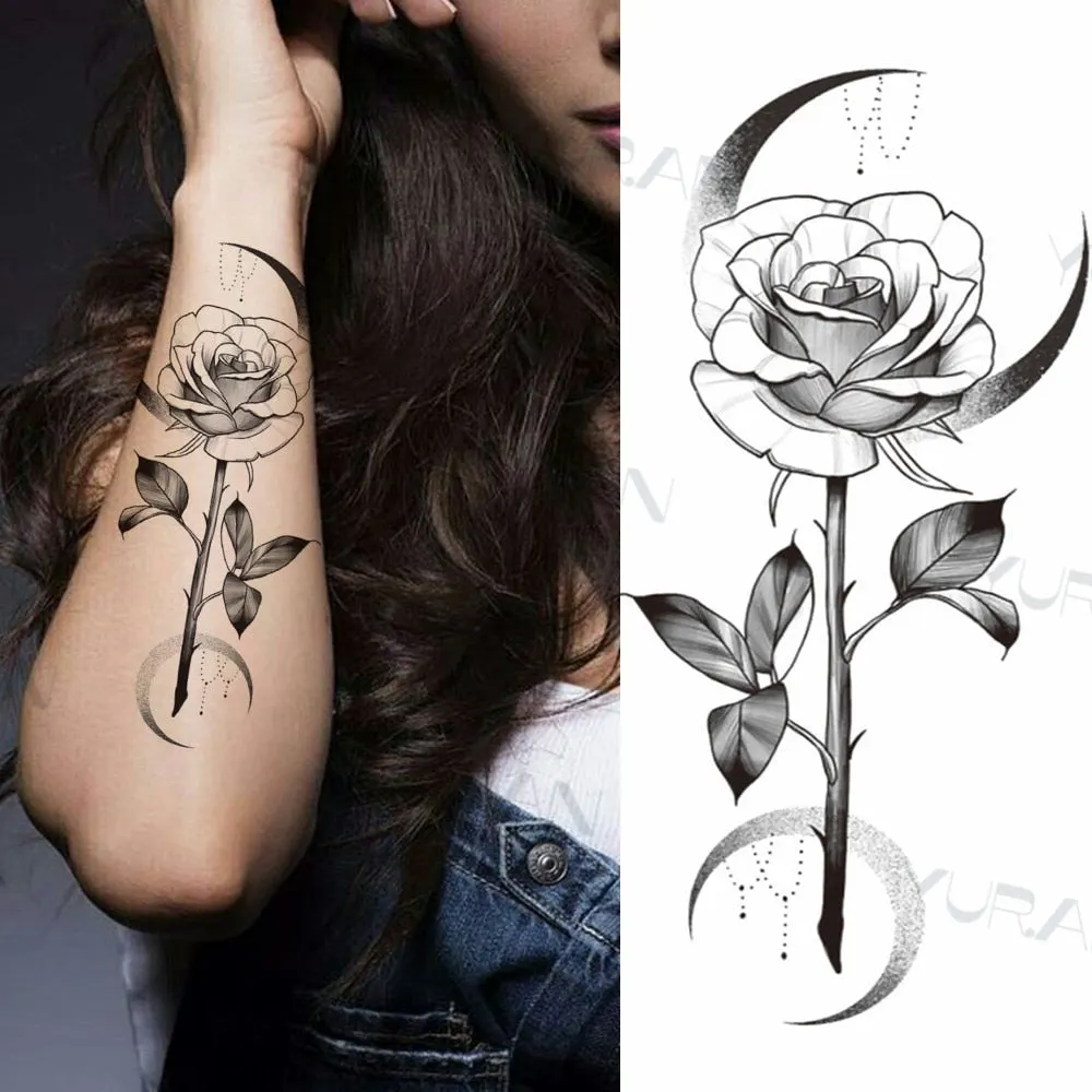 Black Large Snake Flower Fake Tattoo Sticker For Women Dot Rose Peony Temporary Tattoos DIY Water Transfer Tatoos Girls 530