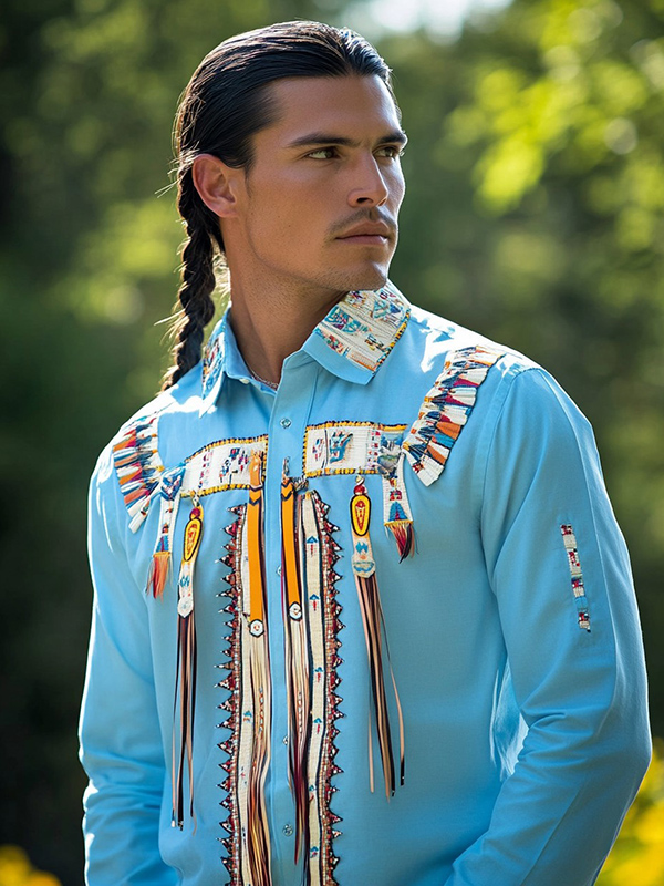Baby Blue Native American Men's Ribbon Shirt