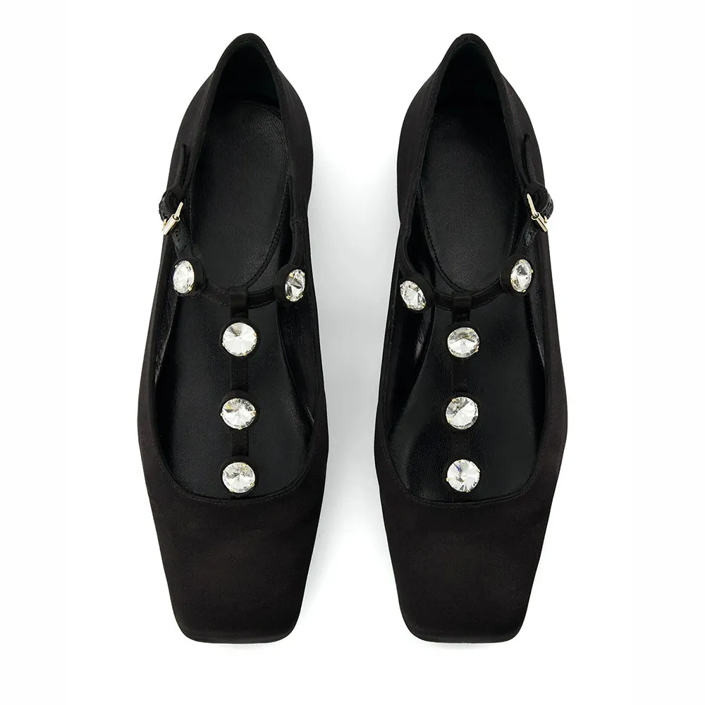 Black Satin Square Toe Rhinestone Ballet Flats with Buckle