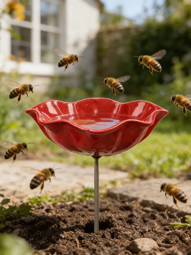 Bee Watering Station with Flower Design Bee Bath for Garden Decorative Metal Flower Garden Stake for Outdoor Yard Patio Decoration