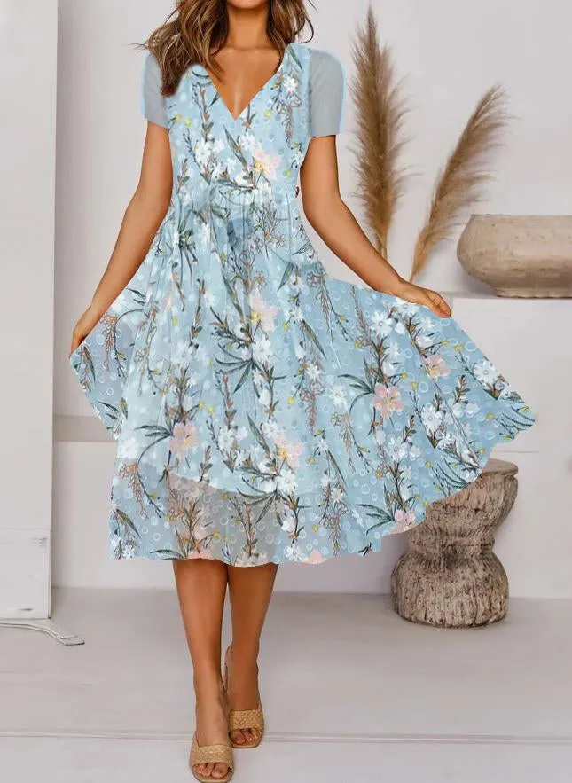 Crystal blue print chiffon dress