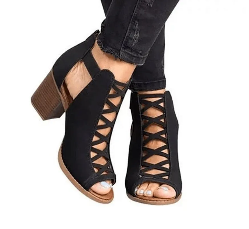 Comemore 2021 New Spring Summer Sexy Casual Rome Ankle Boots Ladies Sandals Women's Shoes Middle High Heels Large Size 43 Black