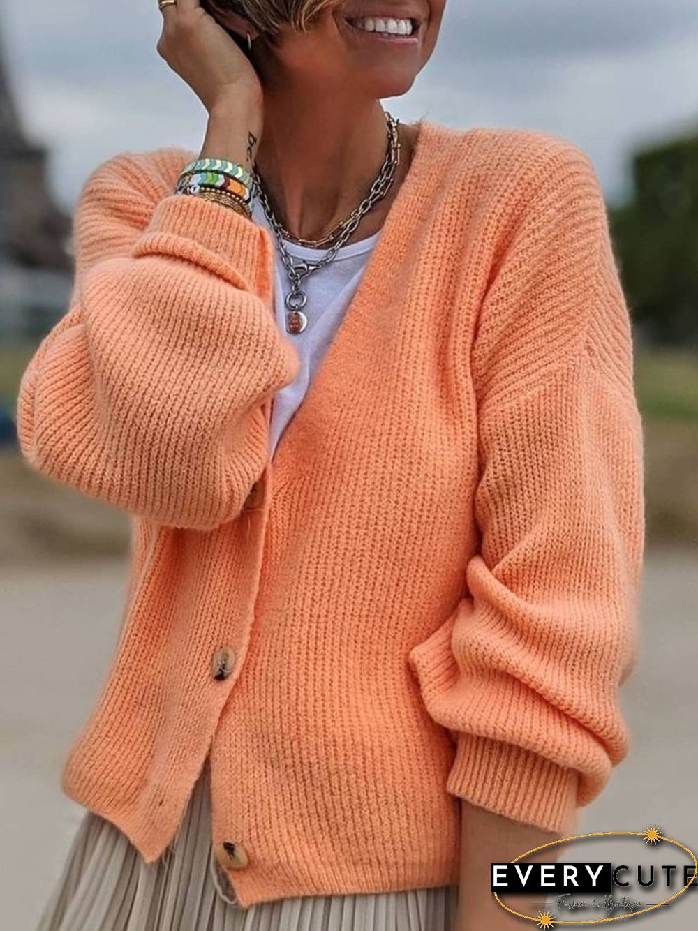 Women Casual Autumn Solid V neck Jersey Mid-weight Daily Long sleeve Sweater