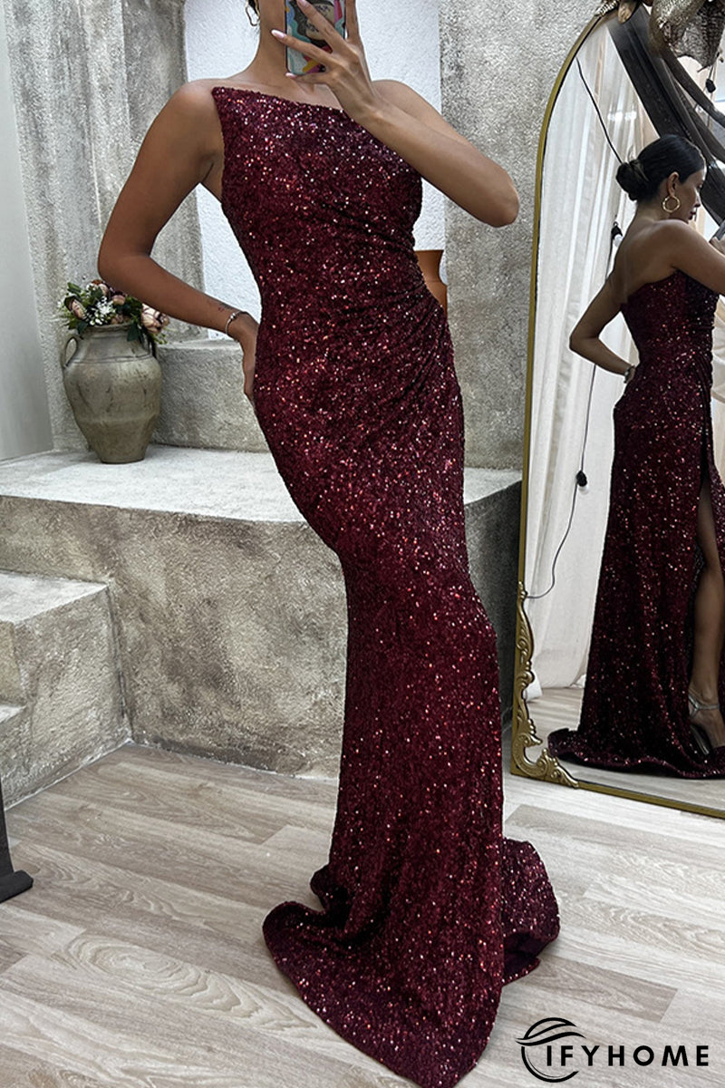 Sexy Formal Solid Slit Asymmetrical Oblique Collar Evening Dress Dresses | IFYHOME