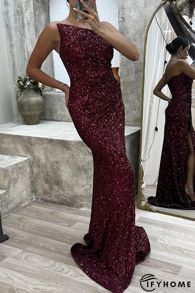 Sexy Formal Solid Slit Asymmetrical Oblique Collar Evening Dress Dresses | IFYHOME