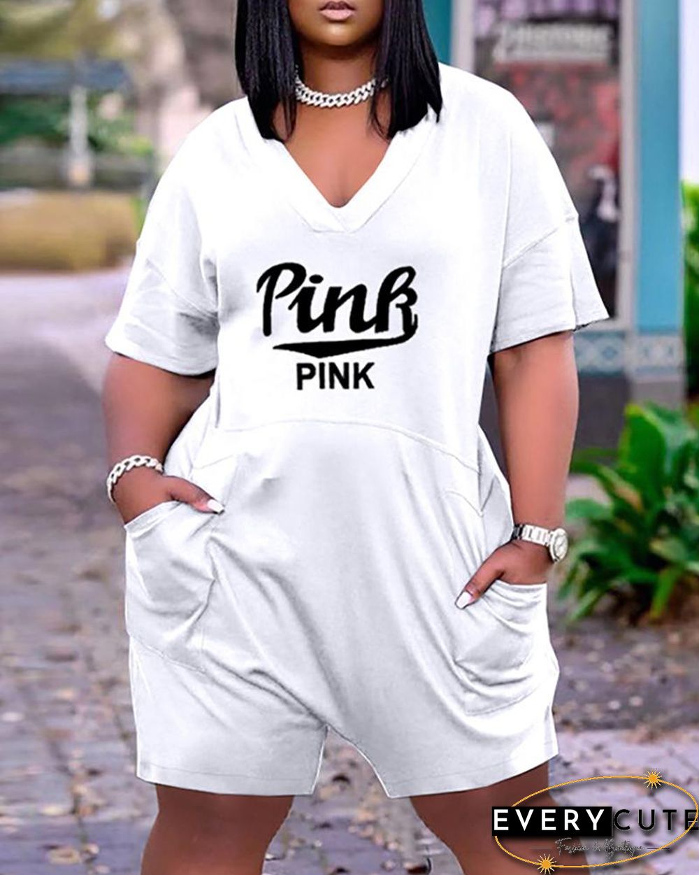 Pocket Design Letter Print Short Sleeve Romper
