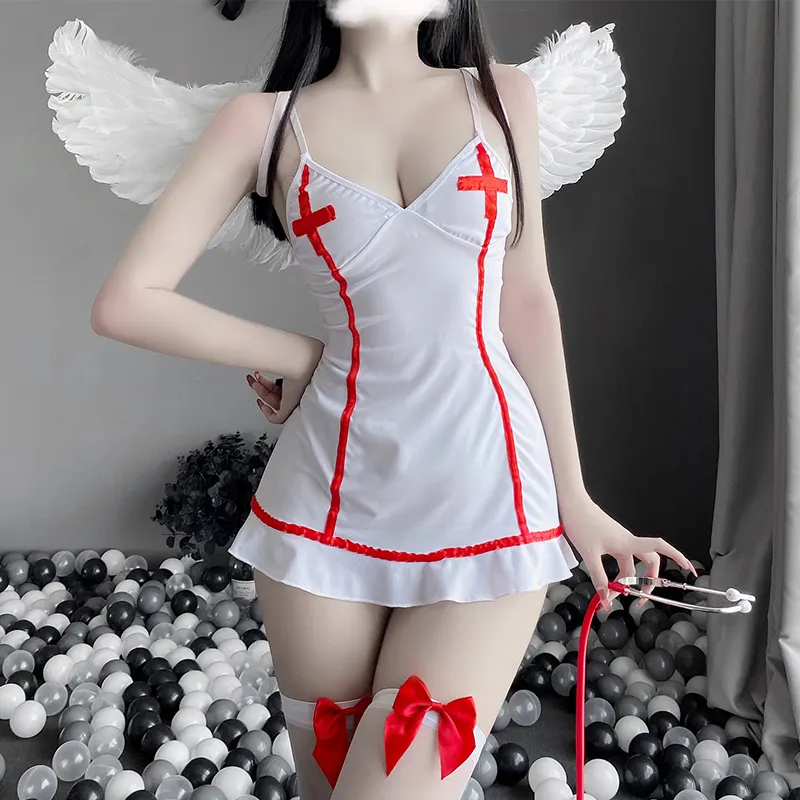 Billionm Women Nurse Dress Uniform Backless Deep V Neck Sweet Ruffles Exotic Costumes Skinny Lingerie Tempatation Cosplay Sleepwear New
