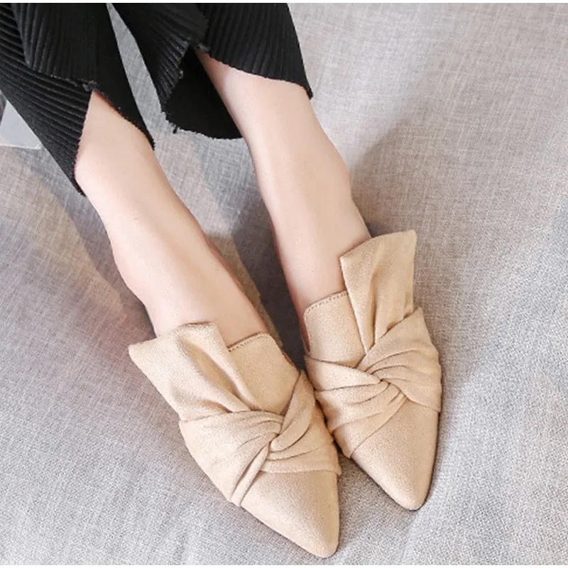Women Slippers Summer Mules Shoes Women Suede Slide Flock Slippers Female Mules Low Heels Pointed Toe Bowtie Zapatos De Mujer