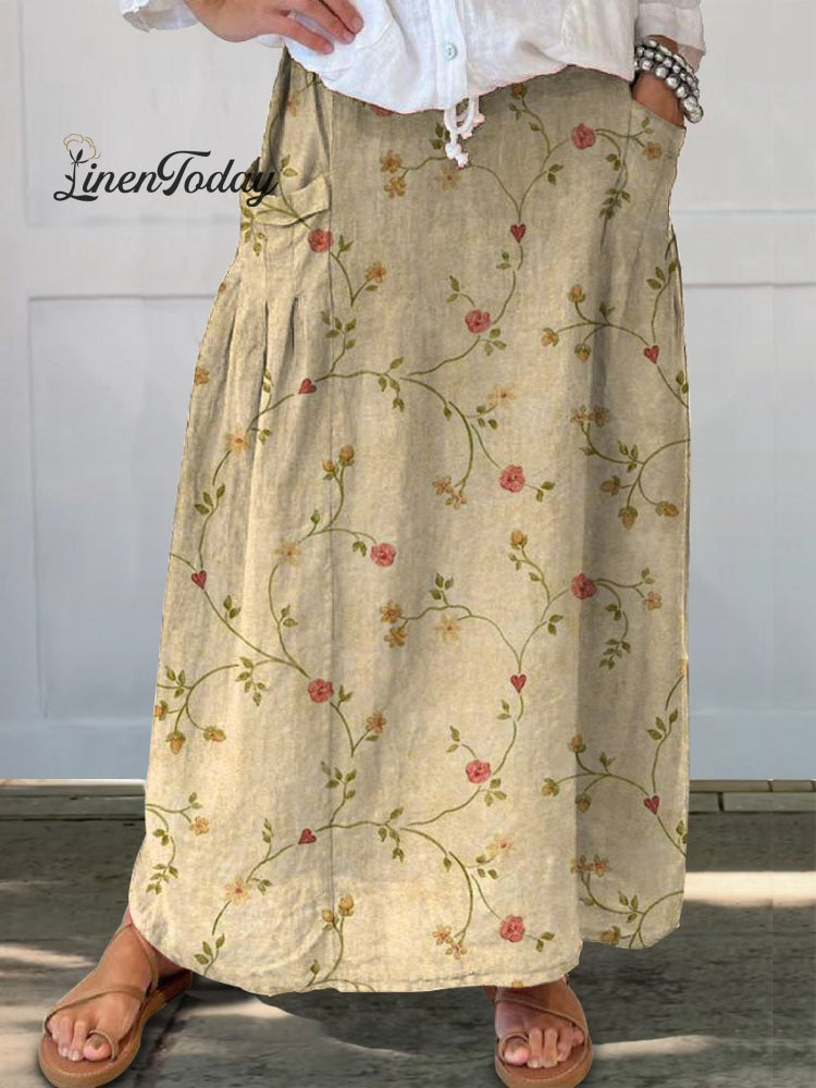 Women&rsquo;s Retro Floral Art Linen Pocket Skirt Multicolor / S