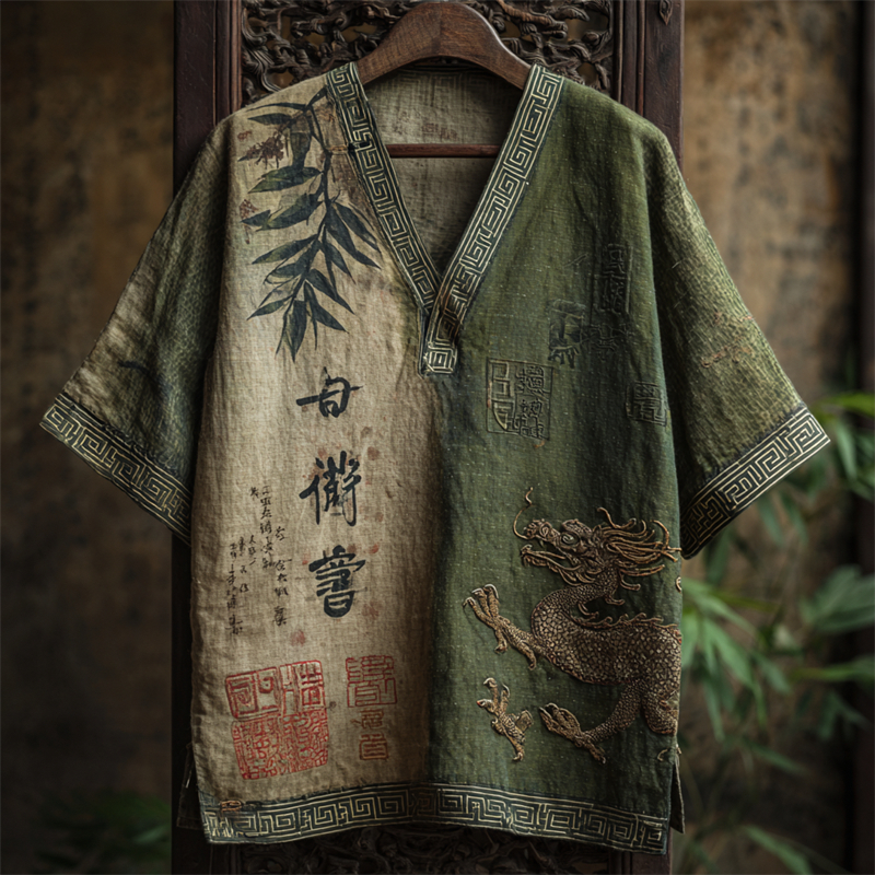 Japanese Dragon & Bamboo Contrast Gradient Linen Shirt elevenforest