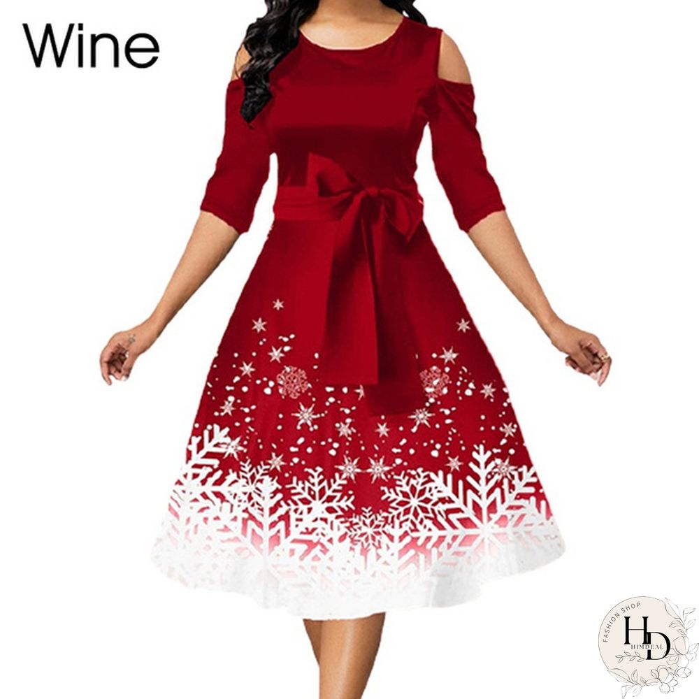 New Arrival Women Belted Snowflake Print Cold Shoulder Round Neck Elegant Dress Plus Size Fashion Christmas Party Dress S-5Xl