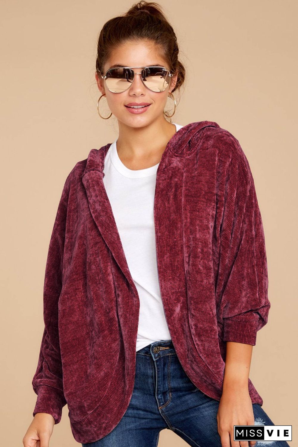 Thicken Plain Loose Velvet Coat With Hat